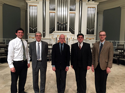 KU students at the Richards & Fowkes organ at Village Presbyterian church in Kansas City.