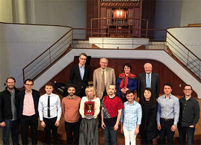 Vera Tariverdiev with competitors and judges of the North American round of the Tariverdiev International Organ Competition.