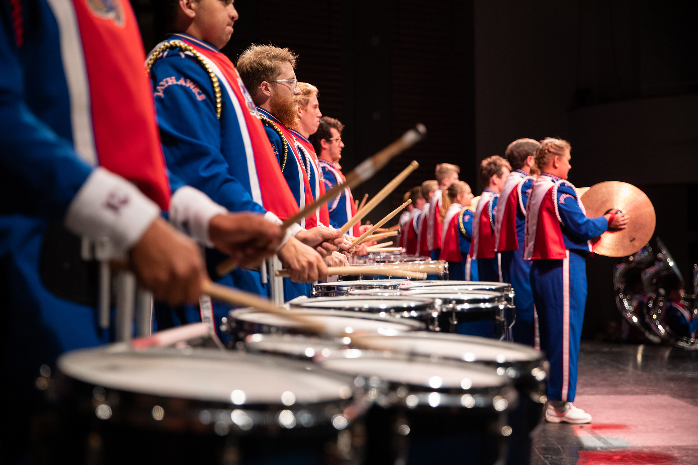 Marching Jayhawks performing in the 2018 Collage Concert at the Lied Center of Kansas.
